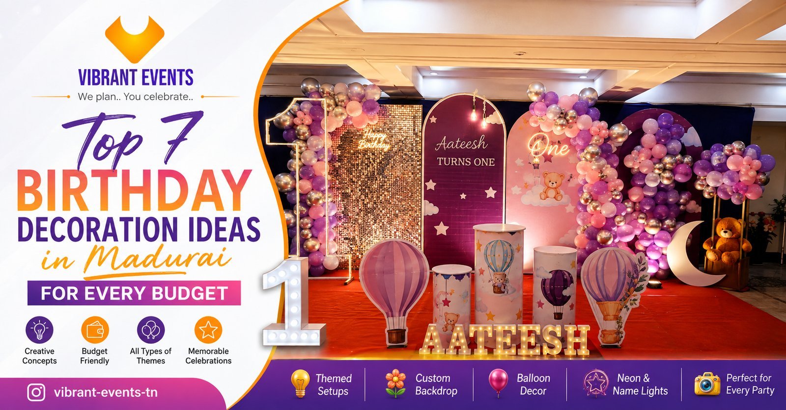Themed balloon arch and floral birthday decoration ideas in Madurai by Vibrant Events
